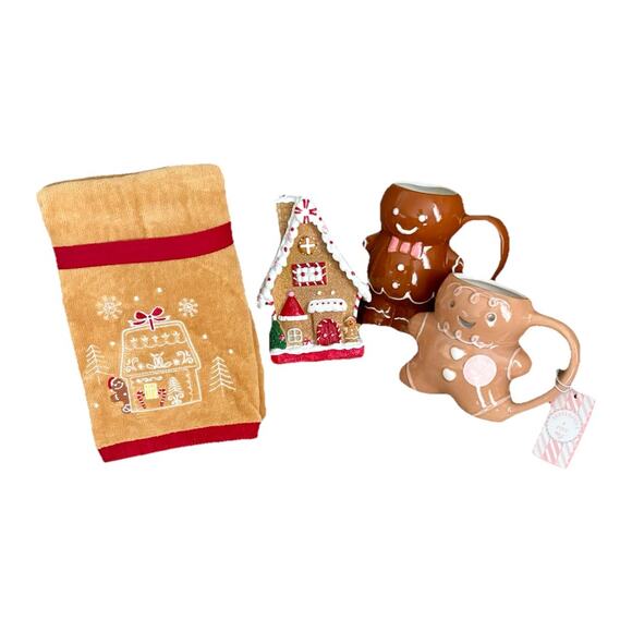 NWT Peppermint& Pine Gingerbread Man Cookie House XMAS Gift Set Hand Towels Mugs - Picture 6 of 16